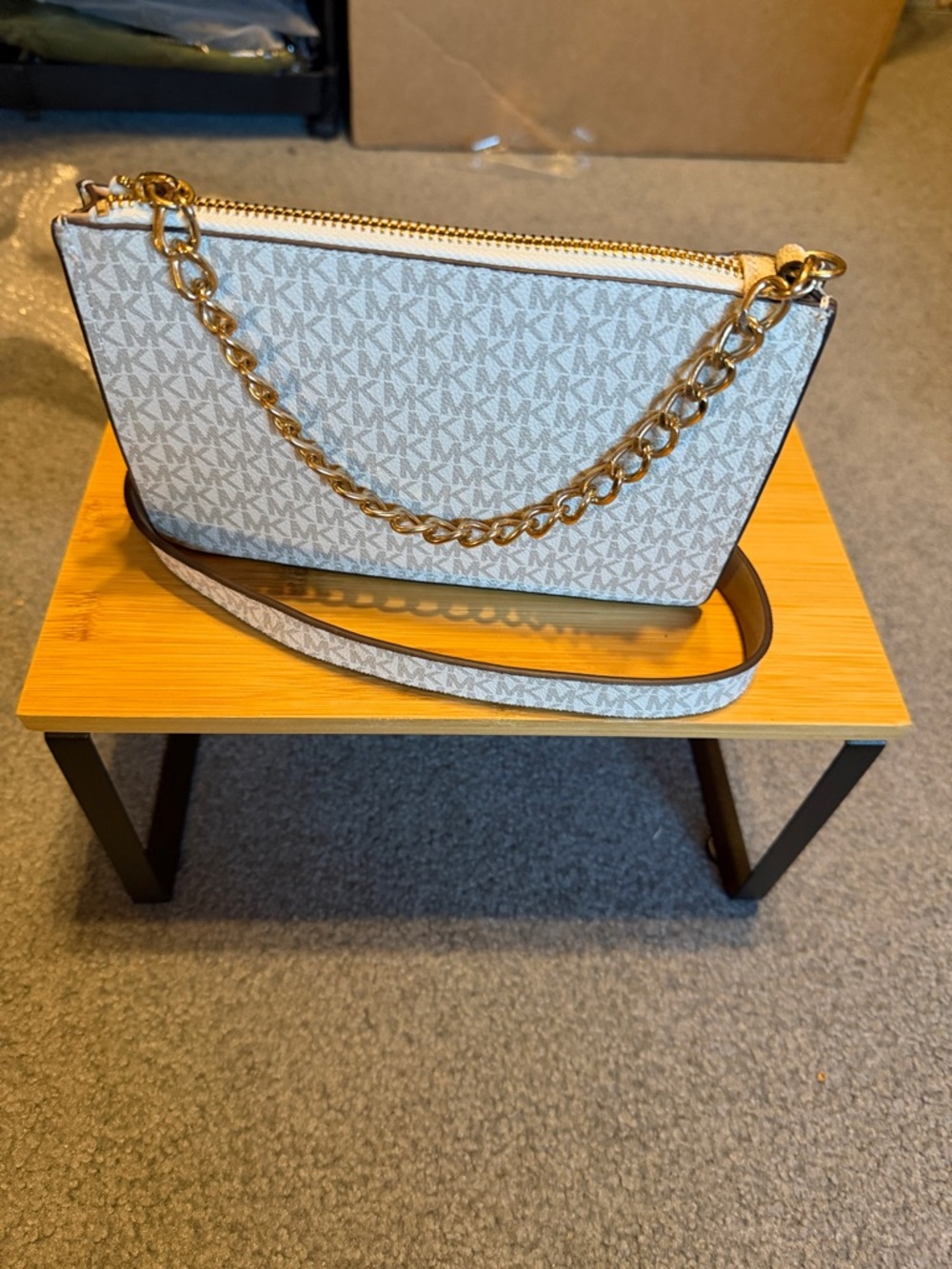 Michael Kors Cream Logo-Print Belt Bag with Gold Chain or Front bag